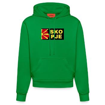 Skopje City with North Macedonia Flag Design - Organic Fitted Hoodie Made in EU - City Green - Front
