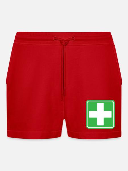 First Aid Medical Cross Safety Sign Vector Icon - Organic Relaxed Cropped Shorts Made in EU - red