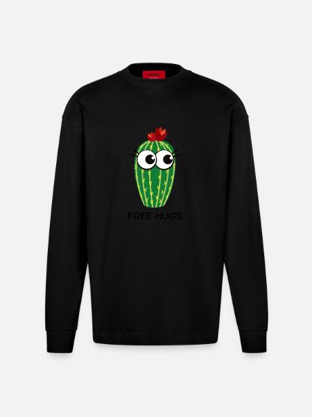 Free Hugs Cactus - Heavyweight Oversized Organic Longsleeve Shirt Made in EU - SOLID BLACK