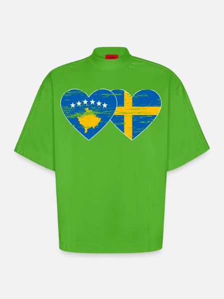 Kosovo Suède Drapeau utilisé - T-shirt bio épais oversize Boxy fabriqué en UE - Apple Neon