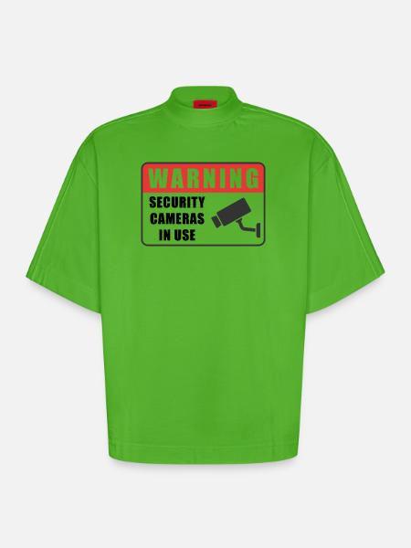 Warning CCTV Camera Badge Security Sign Icon - Heavyweight Oversized Organic Boxy T-Shirt Made in EU - Apple Neon