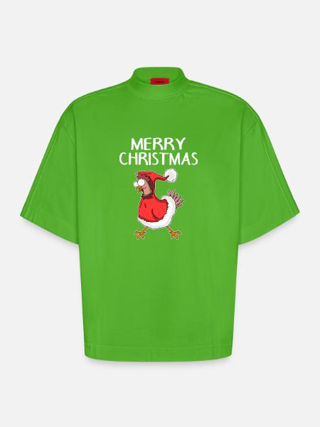 Christmas Chicken Merry Christmas - Heavyweight Oversized Organic Boxy T-Shirt Made in EU - Apple Neon