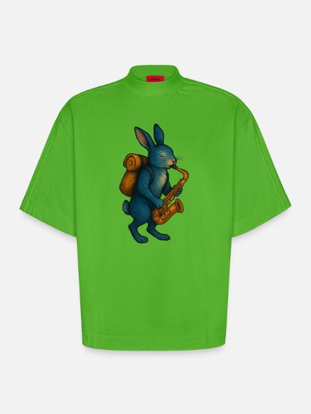 Lapin Bleu avec Saxophone - T-shirt bio épais oversize Boxy fabriqué en UE - Apple Neon