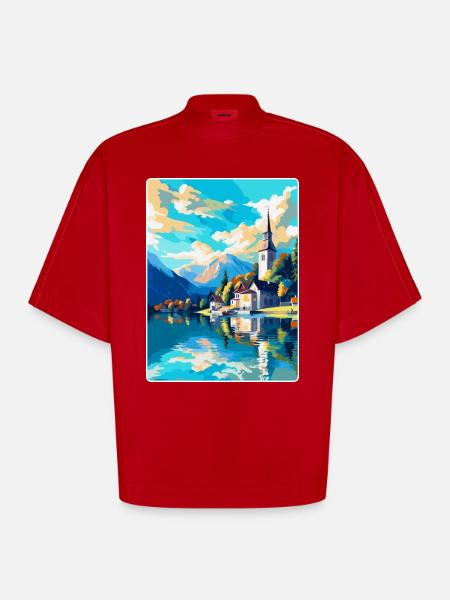St Wolfgang Austria Vintage Travel Poster Souvenir - Heavyweight Oversized Organic Boxy T-Shirt Made in EU - red