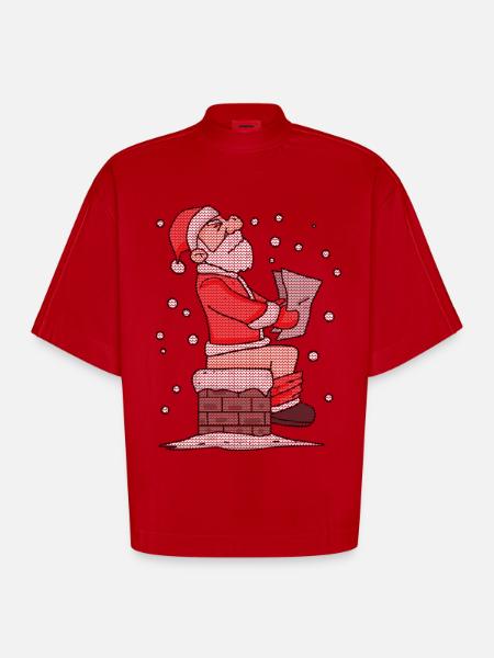 Père Noël assis sur la cheminée drôle - T-shirt bio épais oversize Boxy fabriqué en UE - rouge