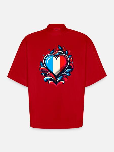 Heart French Flag - Heavyweight Oversized Organic Boxy T-Shirt Made in EU - red