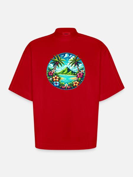 Caribbean Island Logo - Heavyweight Oversized Organic Boxy T-Shirt Made in EU - red