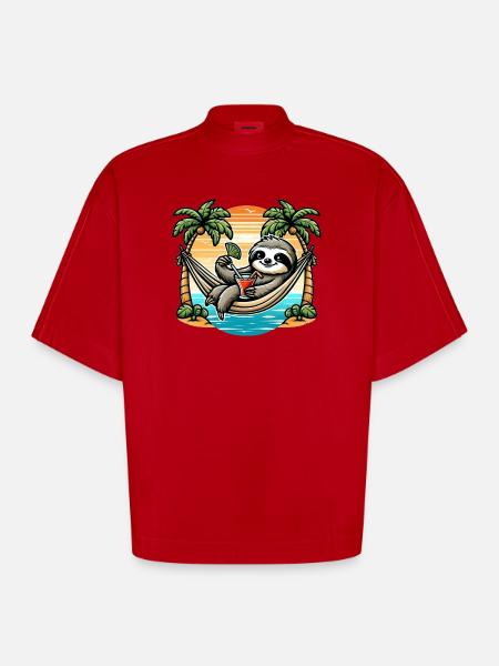 Sloth in hammock - Heavyweight Oversized Organic Boxy T-Shirt Made in EU - red