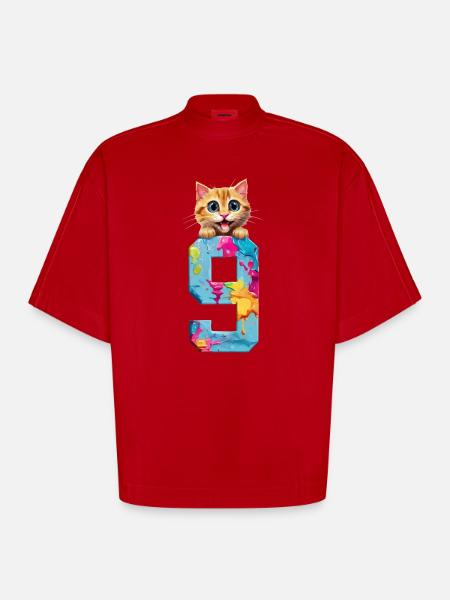 9 YEARS OLD CAT 9TH BIRTHDAY - Heavyweight Oversized Organic Boxy T-Shirt Made in EU - red
