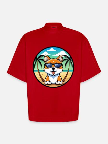 Hokkaido Hondenras Cartoon Zonnebril Strand - Heavyweight oversized organic boxy T-shirt made in EU - rood