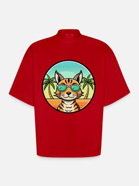 Ocicat Breed Cartoon Sunglasses Beach - Heavyweight Oversized Organic Boxy T-Shirt Made in EU - red