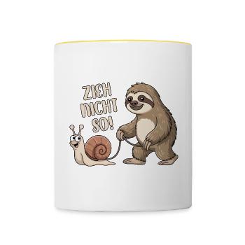Zieh nicht so - Schnecke und Faultier - Tasse zweifarbig - Weiß/Gelb - Vorne