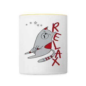 Katze beim Relaxen - Tasse zweifarbig - Weiß/Gelb - Vorne