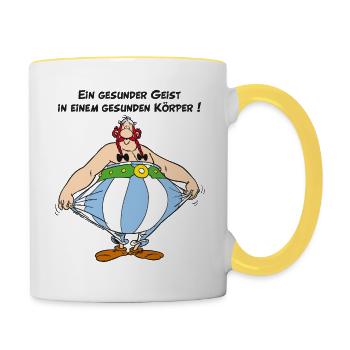 Obelix: Ein gesunder Geist, in einem Gesunden Kör - Tasse zweifarbig - Weiß/Gelb - Rechts