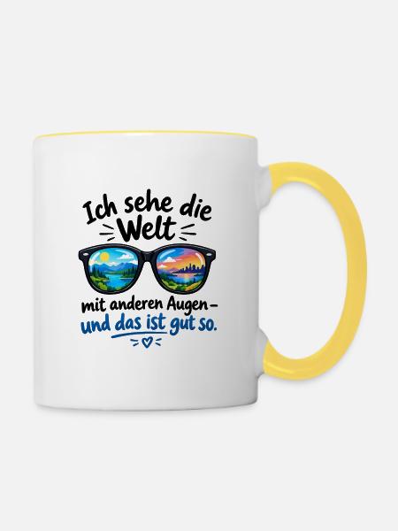 Weltblick in Sonnenbrille - Tasse zweifarbig - Weiß/Gelb