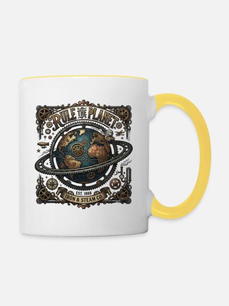 Rule_the_Planet_-_Steampunk - Tasse zweifarbig - Weiß/Gelb