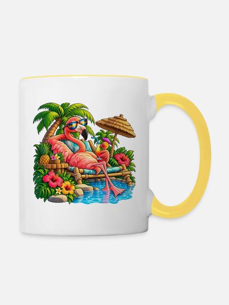 Flamingo im Tropenparadies – Sommer Relax - Tasse zweifarbig - Weiß/Gelb
