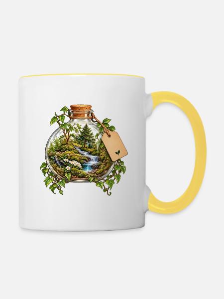 Waldlandschaft im Flaschenarrangement - Tasse zweifarbig - Weiß/Gelb