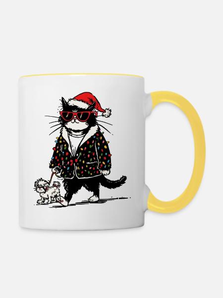 Cool Christmas Lights Cat Walking Dog - Tasse zweifarbig - Weiß/Gelb