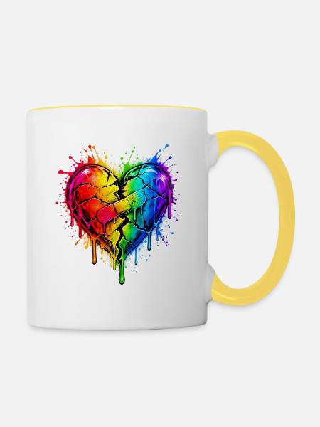 Regenbogenherz mit Pflaster - Tasse zweifarbig - Weiß/Gelb