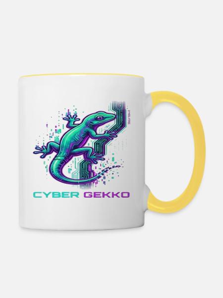 Cyber Gekko – Neon Circuit Echse - Tasse zweifarbig - Weiß/Gelb