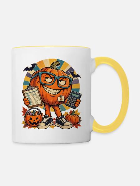 Halloween-Kürbis Buchhalter Retro-Büro-Nerd - Tasse zweifarbig - Weiß/Gelb