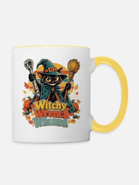 Halloween Hexenkatze Mechaniker Wizard - Tasse zweifarbig - Weiß/Gelb