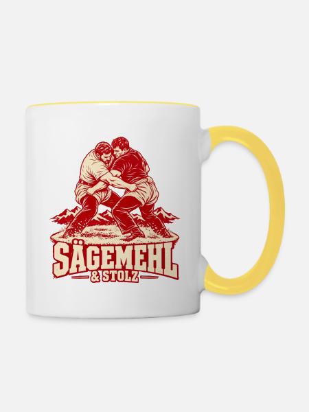 Sägemehl & Stolz – Schweizer Schwinger Retro - Tasse zweifarbig - Weiß/Gelb