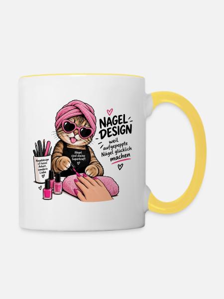 Nagel Design Katze Pink Glam - Tasse zweifarbig - Weiß/Gelb