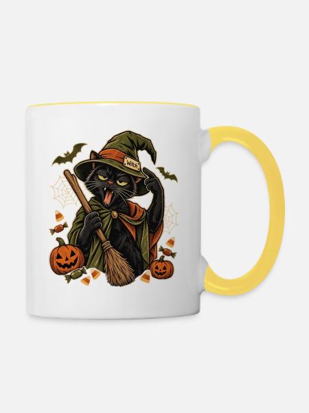 Halloween Büro-Hexe erschöpfte Hexenkatze - Tasse zweifarbig - Weiß/Gelb