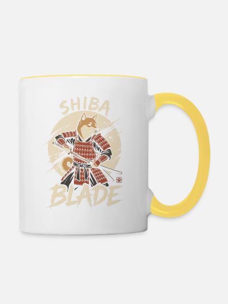 Shiba Samurai mit Klinge - Tasse zweifarbig - Weiß/Gelb
