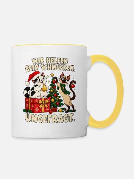Katzenmama Geschenkidee Tannenbaum Weihnachten - Tasse zweifarbig - Weiß/Gelb