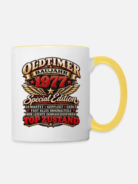 Oldtimer Baujahr 1977 – Special Edition - Tasse zweifarbig - Weiß/Gelb