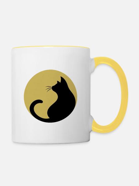 schwarze Katze vor Mond - Tasse zweifarbig - Weiß/Gelb