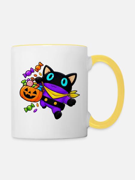 Halloween-Katze mit JackoLantern-Korb - Tasse zweifarbig - Weiß/Gelb