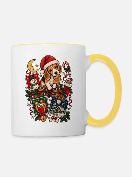 Weihnachts-Beagle-Welpendesign – Festlicher Hund - Tasse zweifarbig - Weiß/Gelb