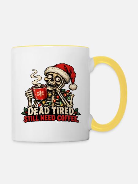 Das Weihnachtsskelett braucht Kaffee - Tasse zweifarbig - Weiß/Gelb