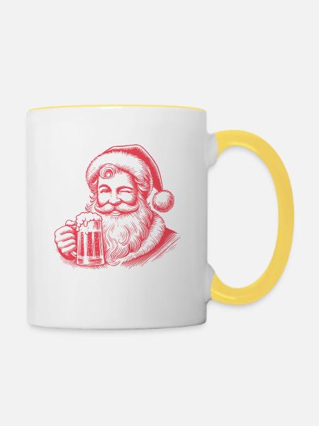 Weihnachtsmann Hält Einen Bierkrug, Weihnachtsspaß - Tasse zweifarbig - Weiß/Gelb