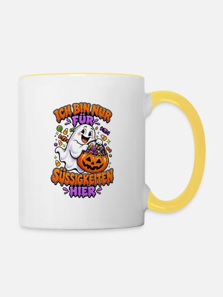 Geist mit Kürbisbeutel Halloween - Tasse zweifarbig - Weiß/Gelb