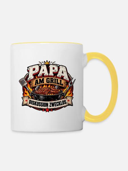 Papa am Grill: Diskussion Zwecklos - Tasse zweifarbig - Weiß/Gelb