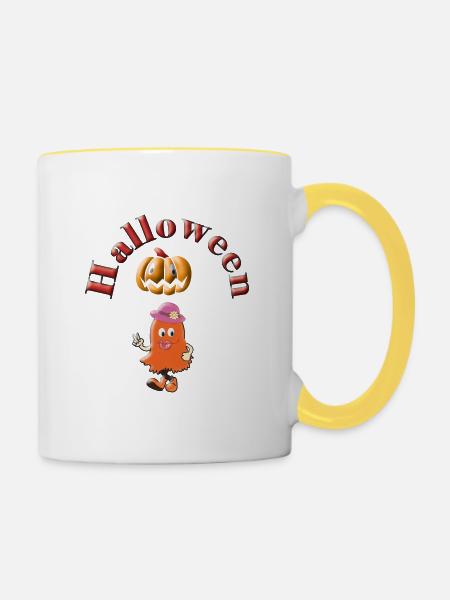 Halloween Freudiger Geist-Kürbis - Tasse zweifarbig - Weiß/Gelb