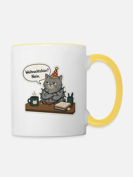Weihnachtsfeier? Nein. – Grumpy Bürokatze - Tasse zweifarbig - Weiß/Gelb