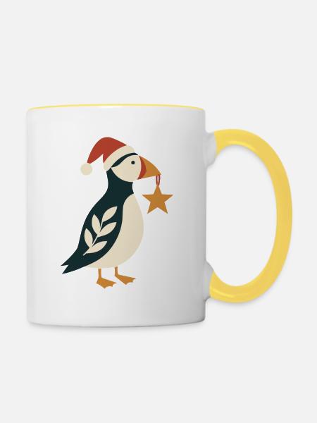 Weihnachtspuffin mit Weihnachtsstern - Tasse zweifarbig - Weiß/Gelb