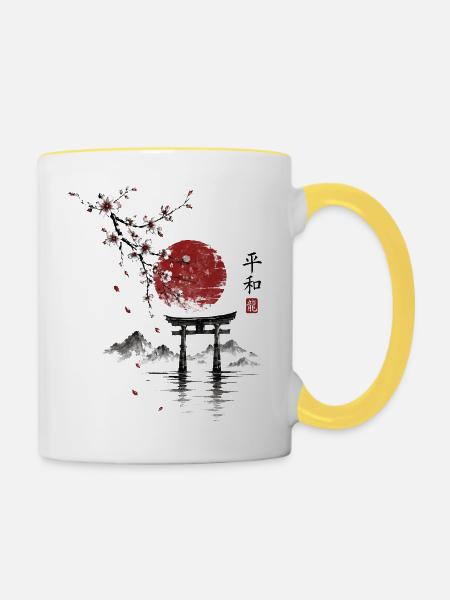 Sakura Torii am roten Mond - Tasse zweifarbig - Weiß/Gelb