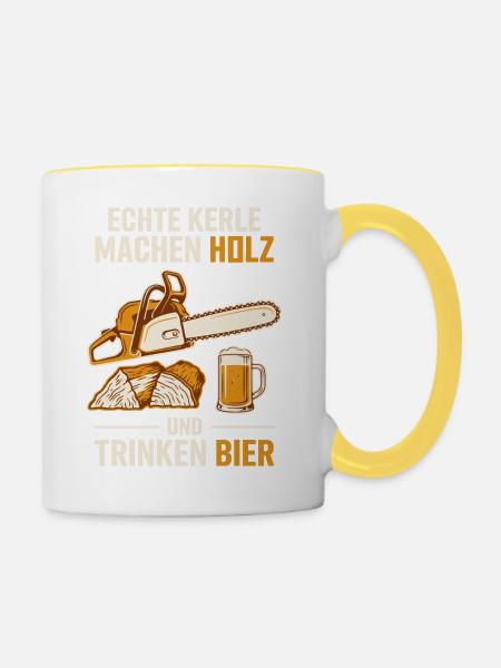 Echte Kerle: Holz, Hobel & Bier - Tasse zweifarbig - Weiß/Gelb