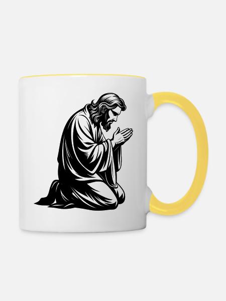 Jesus kniend und betend - Tasse zweifarbig - Weiß/Gelb