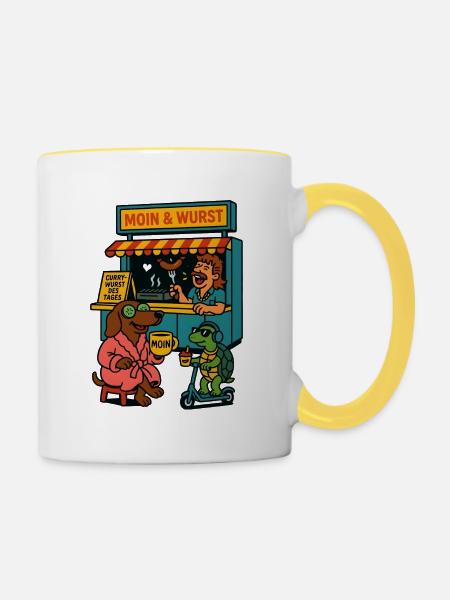 Dackel Imbiss Moin und Wurst - Tasse zweifarbig - Weiß/Gelb