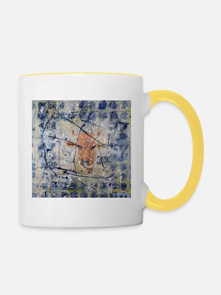 Orange Kuh im Splatter-Abstract - Tasse zweifarbig - Weiß/Gelb