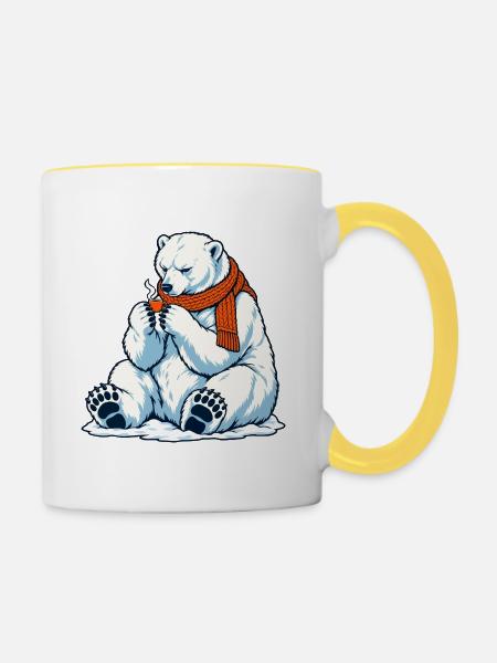 Eisbär mit Kaffeetassee - Teebecher - Tasse zweifarbig - Weiß/Gelb