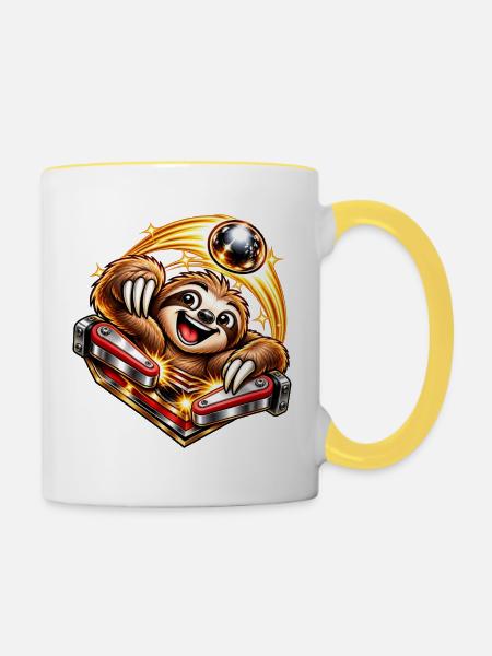 Fröhliches Faultier am Flipper - Tasse zweifarbig - Weiß/Gelb
